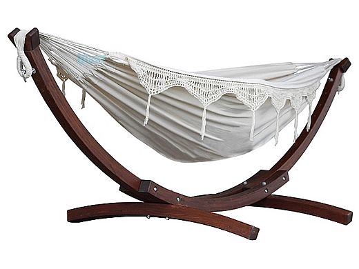 Vivere Double Cotton Hammock with Solid Pine Arc Stand | 8-Foot Natural with Fringe | C8SPCT-00