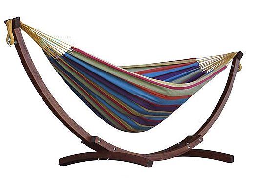 Vivere Double Cotton Hammock with Solid Pine Arc Stand | 8-Foot Tropical | C8SPCT-20