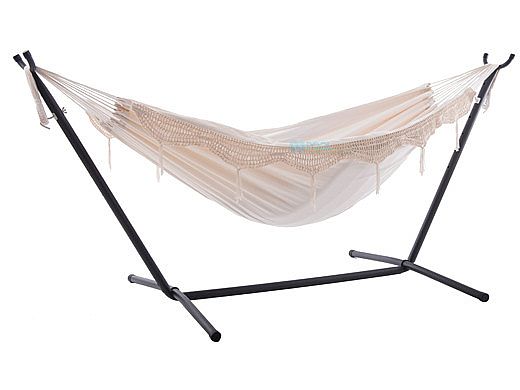 Vivere Deluxe Double Cotton Hammock with Stand | 9-Foot Natural with Fringe | UHSDO9-00