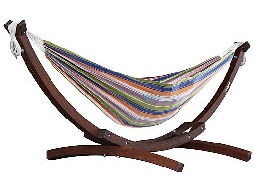 Vivere Double Cotton Hammock with Solid Pine Arc Stand | 8-Foot Retro | C8SPCT-31