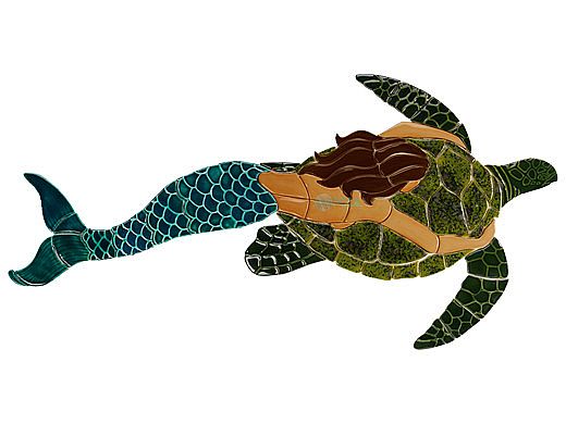 Ceramic Mosaic Brown Mermaid with Turtle | 57" x 28" | MT48BR-61