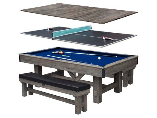 Hathaway Logan 7-Ft. Pool Table Combo Set with Benches | Rustic Gray with Blue Felt |  BG50348