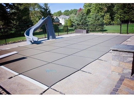 GLI 12-Year Secur-A-Pool Mesh Safety Cover | Rectangle 16' x 36' Tan | 4' x 8' Center End Step | 20-1636RE-CES48-SAP-TAN