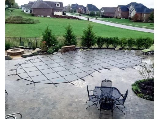 Merlin 10-Year Solid Safety Cover with Drain Panel | Rectangle 16' x 36' | Flush 4' x 8' Left Side Step | Tan | 64W-X-TN