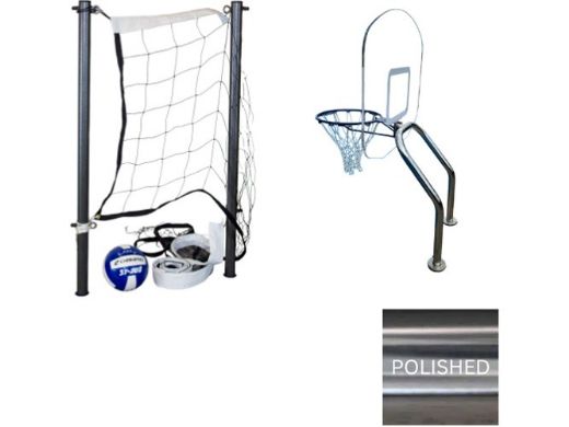 Global Pool Products X2 Basketball 17.5" Anchor Spacing & Volleyball with 16' Net & Ball Combo | Polished Stainless | No Anchors | GPP-X2VB16-SS