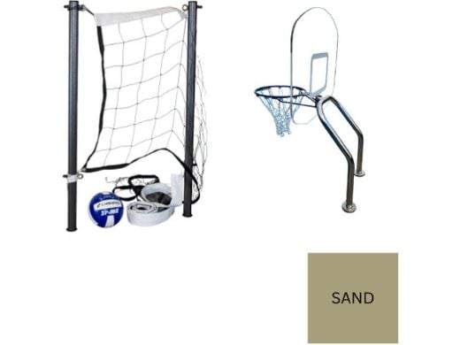Global Pool Products X2 Basketball 17.5" Anchor Spacing & Volleyball with 16' Net & Ball Combo | Sand | No Anchors | GPP-X2VB16-SD