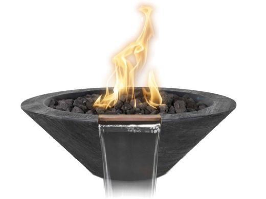 The Outdoor Plus 24" Round Cazo Fire & Water Bowl | GFRC Wood Grain | Low Voltage Electronic Ignition - Natural Gas | Ebony | OPT-24RWGFWE12V-EBN-NG