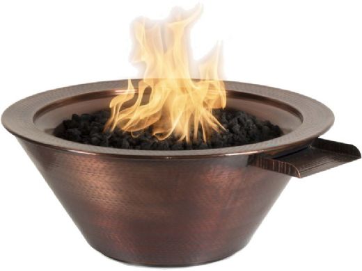 The Outdoor Plus 30" Round Cazo Fire & Water Bowl | Low Voltage Electronic Ignition - Natural Gas | Hammered Patina Copper | OPT-102-30NWCBE12V-NG