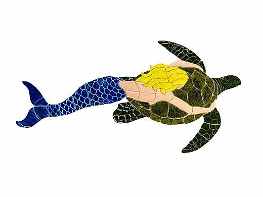 Ceramic Mosaic Blonde Mermaid with Turtle | 57" x 28" | MT48B-61