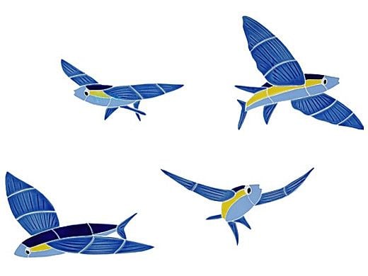 Artistry In Mosaics Flying Fish Set of 4 Blue Mosaic | 7" x 9" Each Aprox. | FFSBLUOS